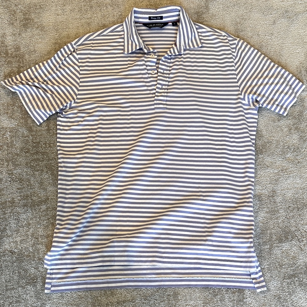 Polo by Ralph Lauren Striped Polo Shirt. Men’s large. Purple with white stripes.